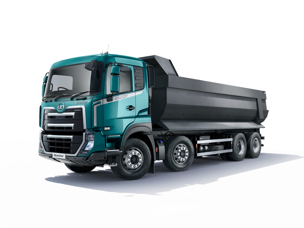 Teal dump truck with black cargo bed on a light background.