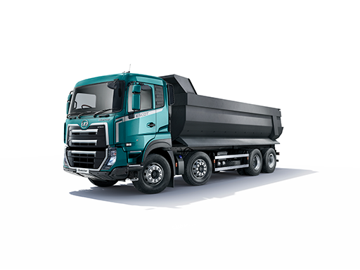 Truk dump besar berwarna hijau tua dengan bak hitam di latar belakang putih.