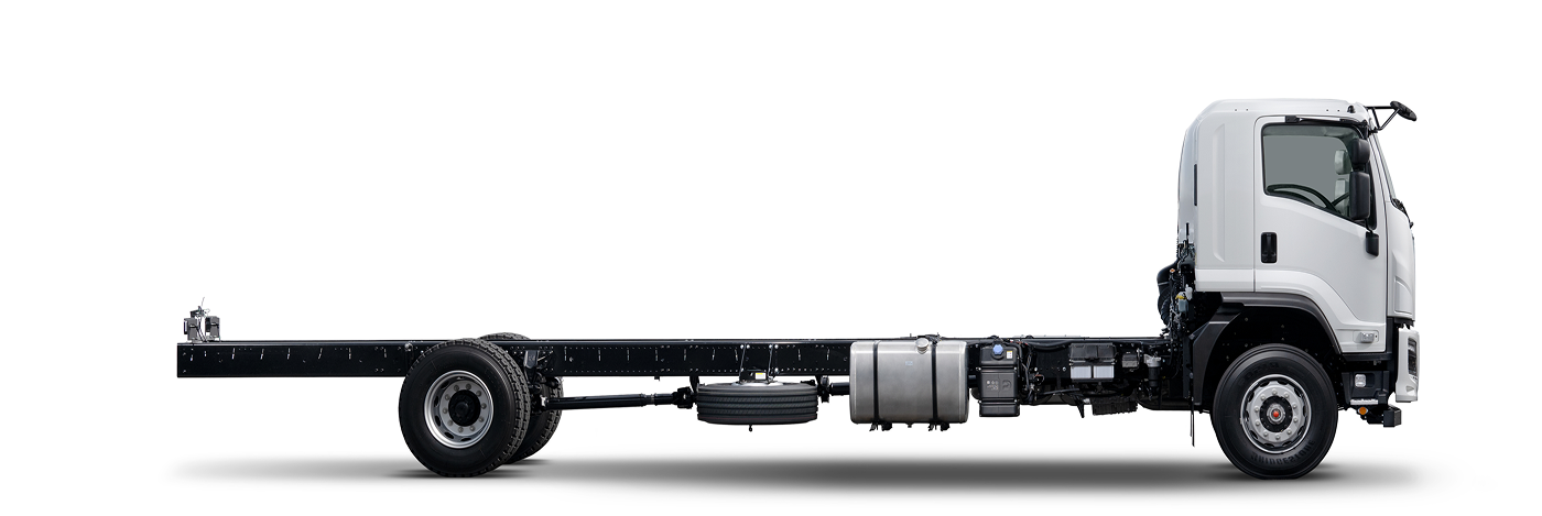 White cab chassis truck with no cargo bed on white background.