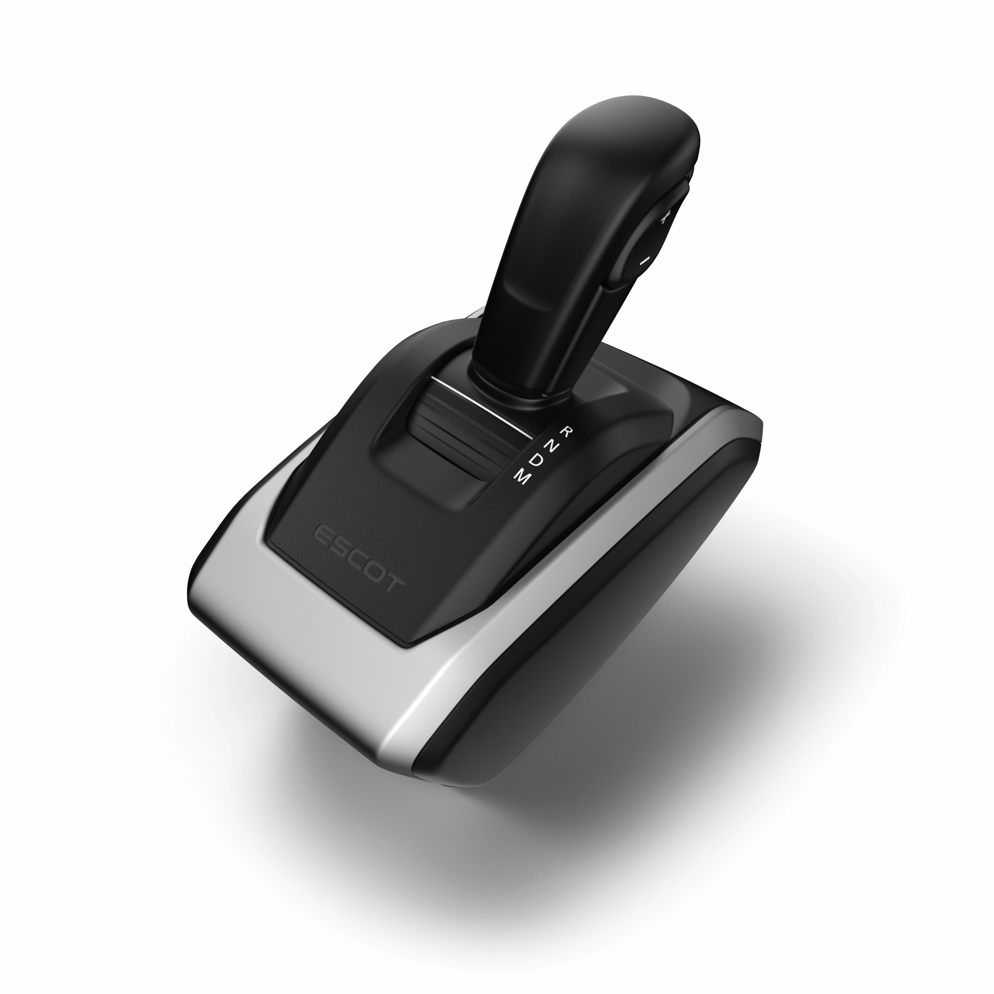 Joystick nyeusi na kijivu yenye kitufe kikubwa, kwenye uso mweupe.