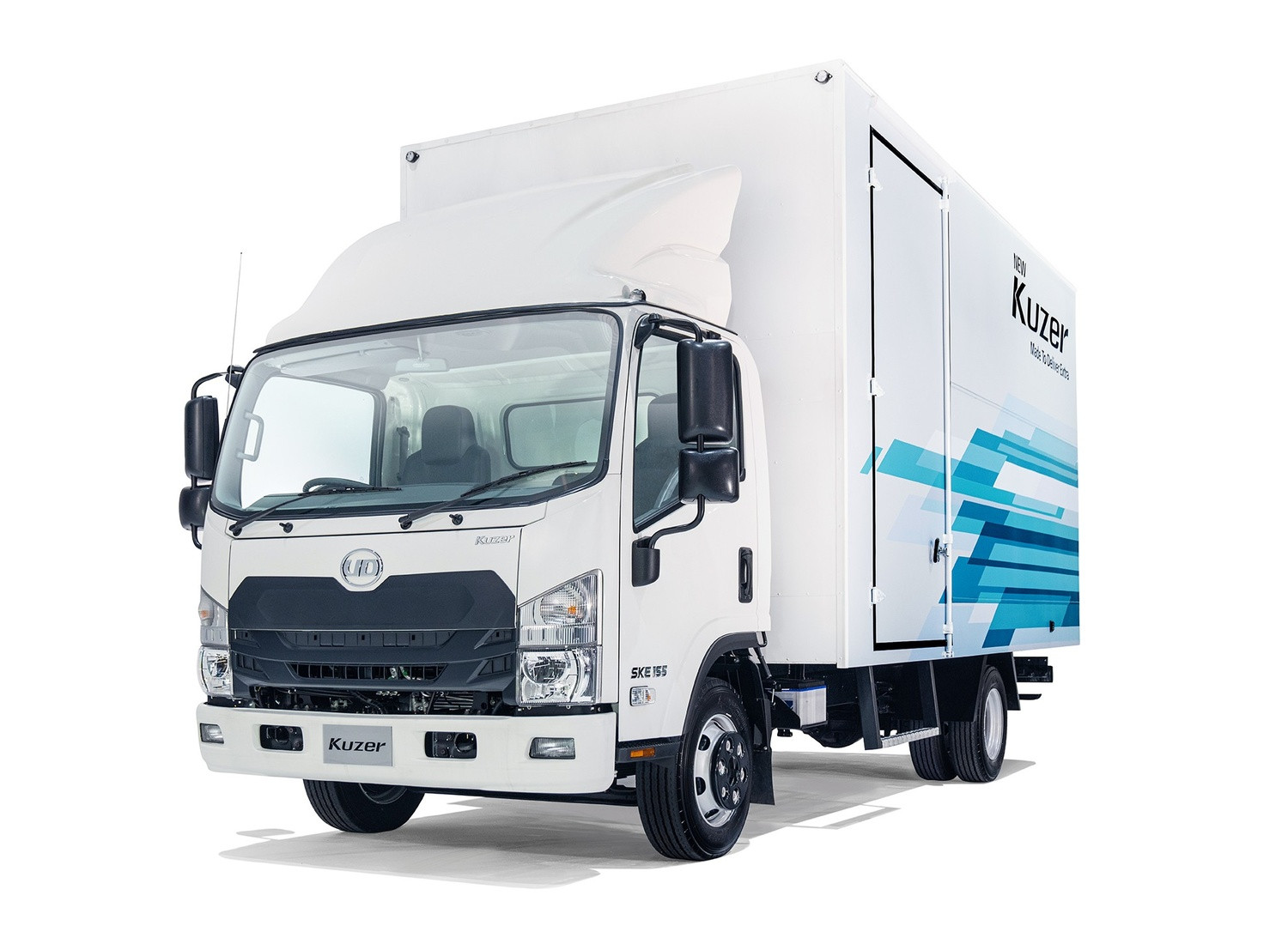 White box truck with blue graphics on the side, facing left, on a white background.
