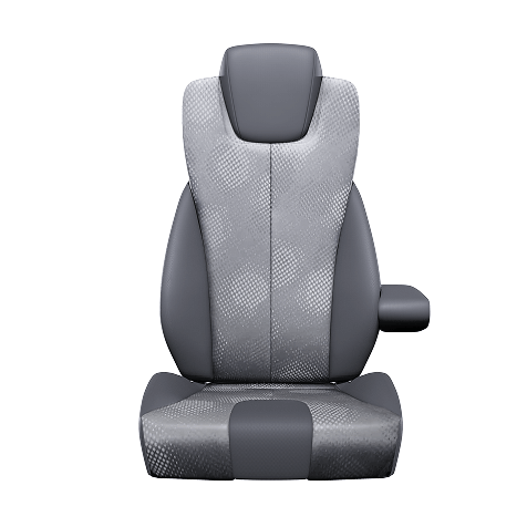 Ghế ô tô màu xám đậm, có tựa đầu và tay vịn bên phải.