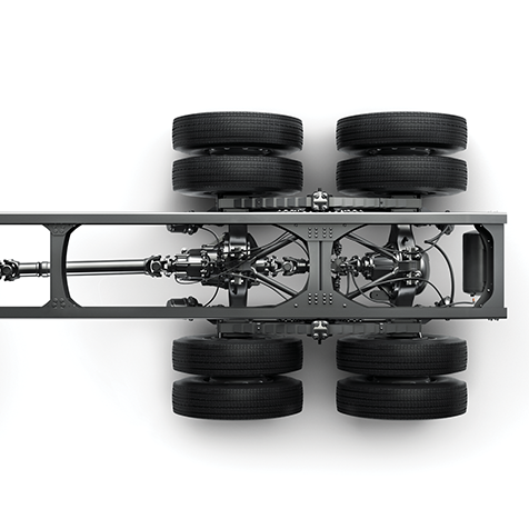 Truck chassis with six large black wheels, top-down view on white background.