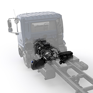 Graphic ng truck chassis na nagpapakita ng makina at transmission system.
