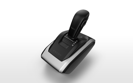 Sleek black and silver gear shift lever with a small display screen.