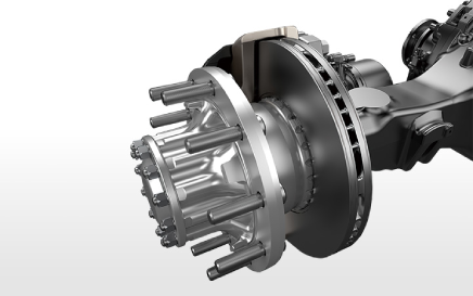 Truck wheel hub and brake disc assembly on an axle, metallic and detailed.