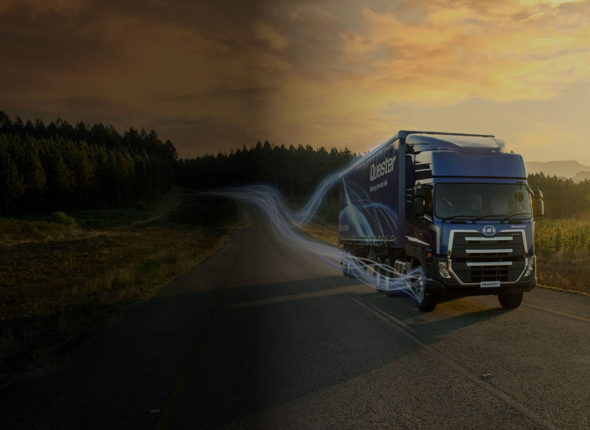 ឡានអេស៊ីធ្វើដំណើរលើផ្លូវក្រោមពន្លឺថ្ងៃលិច