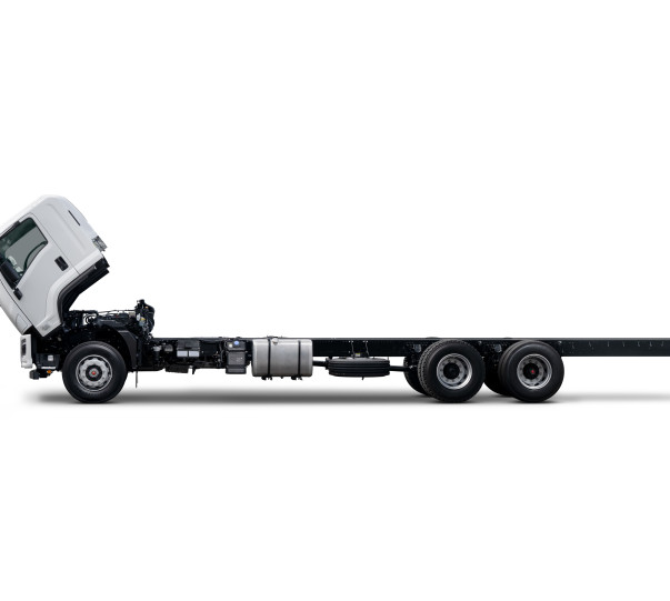 Condor White cab chassis truck with tilted cab on a plain white background.