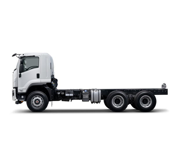 White cab chassis truck with six wheels on a white background.