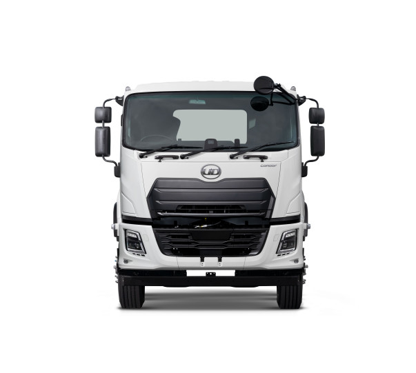 White commercial truck viewed from the front on a plain white background.