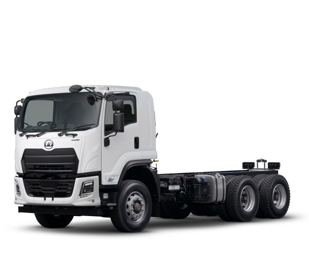 White cab chassis truck with six wheels on a plain white background.