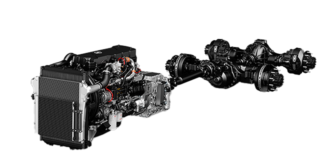 Car engine and drivetrain components arranged in sequence on a white background.